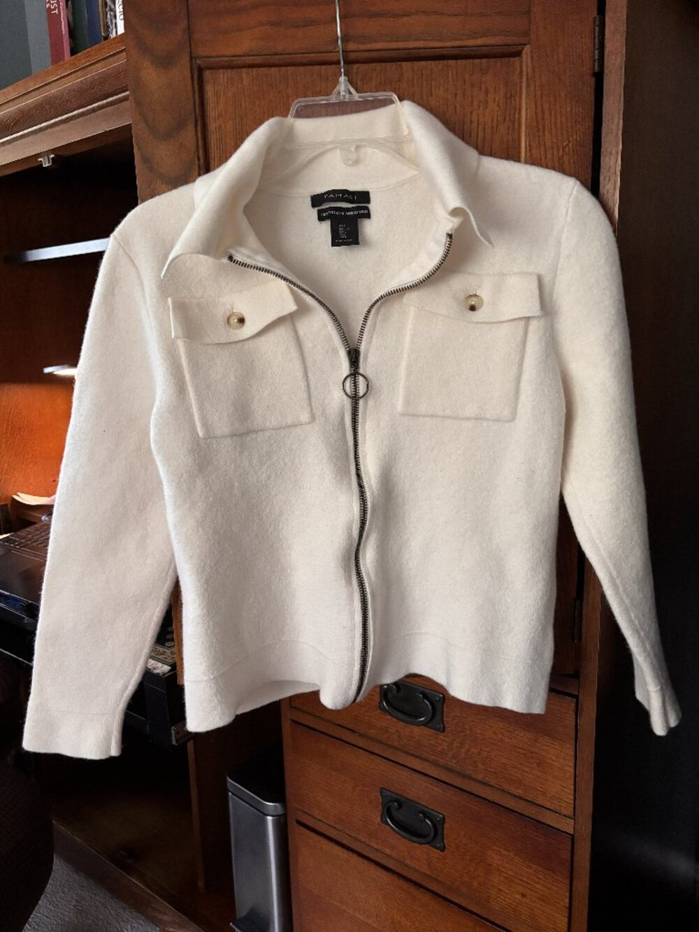 Tahari 100% Merino Wool Cream Zip Up Sweater Jacket Women’s Large